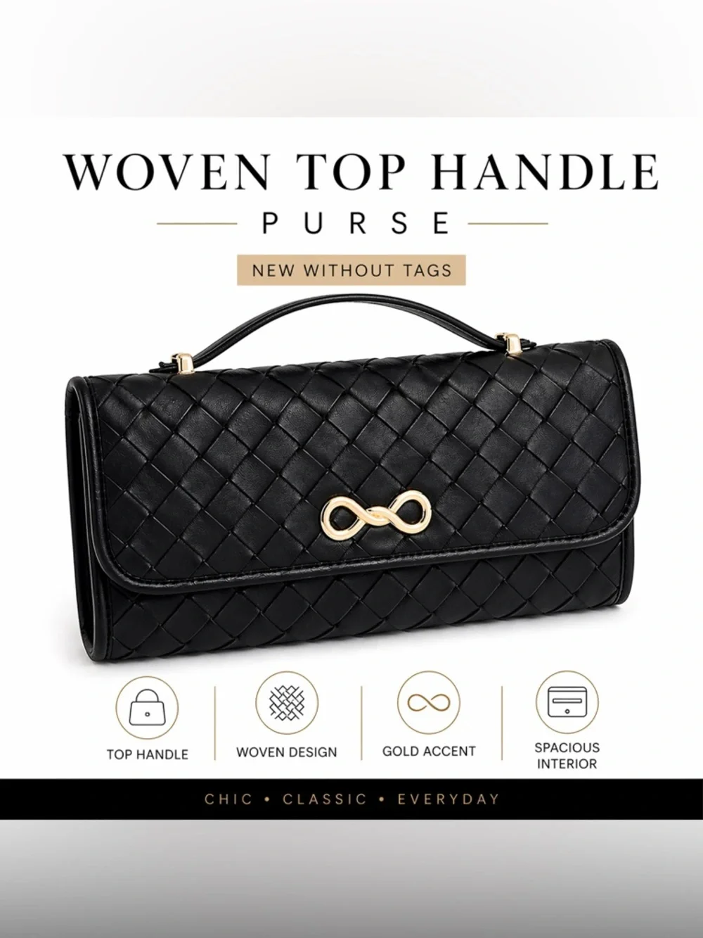 Black Woven Top-Handle Satchel with Gold Accent